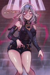 Rule 34 | 1girl, absurdres, ahoge, artist name, belt, black belt, breasts, briar (league of legends), clenched teeth, colored sclera, commentary, cowboy shot, detached sleeves, english commentary, english text, fingernails, gradient hair, grey hair, hair between eyes, highres, hungry, indoors, knees, league of legends, looking at viewer, medium breasts, multicolored hair, pink hair, pointy ears, raion rennes, red sclera, saliva, sharp fingernails, sharp teeth, sidelocks, smile, solo, speech bubble, standing, streaked hair, sweat, sweatdrop, teeth, thighs, two-tone hair, vampire, wall, white eyes, window
