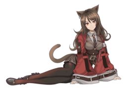 Rule 34 | 1girl, animal ears, arknights, belt, black belt, black footwear, black necktie, black pantyhose, black skirt, black vest, breasts, brown eyes, brown hair, buttons, cat ears, cat girl, cat tail, collared shirt, commission, full body, jacket, legs, lim aya w, long hair, long sleeves, looking at viewer, medium breasts, necktie, open clothes, open jacket, outline, pantyhose, pixiv commission, reclining, red jacket, shirt, shoes, simple background, skirt, skyfire (arknights), smile, solo, tail, transparent background, vertical-striped clothes, vertical-striped necktie, vest, white outline, white shirt, wide sleeves