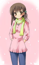 Rule 34 | 1girl, blush, brown hair, denim, hair ornament, jeans, koyuki (2smj), koyuki (artist), original, pants, scarf, simple background, solo