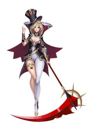 Rule 34 | 1girl, absurdres, asymmetrical clothes, belt, belt skirt, blonde hair, blue eyes, breasts, cape, cleavage, closed mouth, detached collar, facial tattoo, full body, green eyes, hat, heterochromia, high collar, highres, holding, holding weapon, karmiel, legs together, long hair, looking at viewer, medium breasts, original, scythe, simple background, smile, solo, standing, tattoo, thigh gap, thighlet, top hat, vambraces, weapon, white background