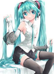 Rule 34 | 1girl, absurdres, aqua eyes, aqua hair, aqua necktie, black skirt, blouse, closed mouth, collared shirt, commentary, detached sleeves, grey thighhighs, hair ornament, hands in hair, hatsune miku, hatsune miku (nt), headphones, highres, light frown, long hair, looking at viewer, miniskirt, necktie, piapro, pleated skirt, shirt, sitting, skirt, sleeveless, sleeveless shirt, solo, thighhighs, twintails, very long hair, vocaloid, white background, white shirt, white sleeves, wing collar, yachima tana