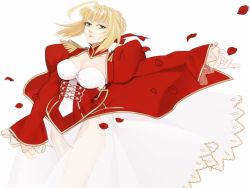 Rule 34 | 10s, 1girl, ahoge, bad id, bad pixiv id, blonde hair, breasts, cleavage, dress, epaulettes, fate/extra, fate (series), green eyes, hair ribbon, itoda (spica), large breasts, lips, nero claudius (fate), nero claudius (fate) (all), nero claudius (fate/extra), panties, petals, ribbon, see-through, solo, underwear