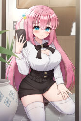Rule 34 | 1girl, absurdres, black bow, black bowtie, black skirt, blue eyes, blush, bocchi the rock!, bow, bowtie, breasts, cellphone, cleavage cutout, clothing cutout, cube hair ornament, frills, gotoh hitori, hair ornament, heart cutout, highres, holding, holding phone, kneeling, large breasts, long hair, long sleeves, looking at viewer, miniskirt, phone, pink hair, plant, potted plant, raised eyebrows, selfie, shirt, shirt tucked in, shy, side ahoge, skirt, smartphone, thighhighs, thighs, tile floor, tiles, very long hair, white shirt, white thighhighs, yukiunag1, zettai ryouiki