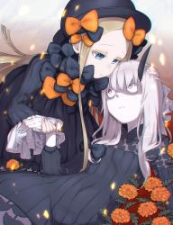 Rule 34 | 2girls, abigail williams (fate), black bow, black dress, black hat, blonde hair, blue eyes, bow, dress, fate (series), female focus, flower, gothic lolita, hair bow, hair ornament, hand on another&#039;s head, hat, highres, holding hands, horns, imozonokan, lavinia whateley (fate), lolita fashion, long hair, long sleeves, multiple girls, orange bow, polka dot, polka dot bow, purple eyes, shaded face, silver hair, single horn, sleeves past wrists