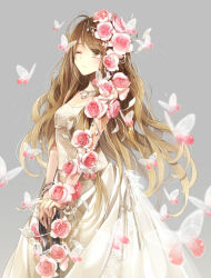 Rule 34 | 1girl, blush, brown eyes, brown hair, bug, butterfly, dress, elbow gloves, fishnet gloves, fishnets, flower, gloves, grey background, hagiwara rin, hair flower, hair ornament, insect, jewelry, leaf, long hair, lots of jewelry, necklace, one eye closed, original, pink flower, pink rose, plant, rose, simple background, solo, v arms, vines, white dress, wink