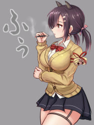 Rule 34 | 1girl, azur lane, bell, black border, black skirt, border, breasts, brown hair, cardigan, cigarette, collared shirt, cowboy shot, grey background, hair between eyes, hair ornament, hairclip, holding, holding cigarette, horns, jingle bell, large breasts, long sleeves, low twintails, nagara (azur lane), pink ribbon, red neckwear, red ribbon, ribbon, sayashi (type5 labyrith), shirt, skirt, smoke, smoking, solo, standing, sweater, text focus, twintails, undersized clothes, white shirt, yellow sweater