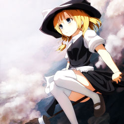 Rule 34 | 1girl, bad id, bad pixiv id, blonde hair, braid, broom, broom riding, cloud, dress, female focus, hair ribbon, hat, hat ribbon, kirisame marisa, mary janes, miysin, ribbon, shoes, sidesaddle, sin (artist), sitting, sky, smile, solo, thighhighs, touhou, white thighhighs, witch, witch hat, zettai ryouiki