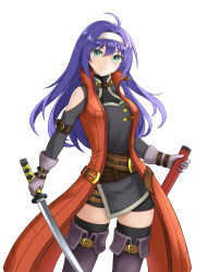 Rule 34 | 1girl, ahoge, bare shoulders, black thighhighs, blue hair, boots, coat, cowboy shot, detached sleeves, fire emblem, fire emblem: radiant dawn, gloves, green eyes, grey gloves, hairband, highres, holding, holding sheath, holding sword, holding weapon, looking at viewer, mia (fire emblem), nintendo, official alternate costume, sheath, simple background, smile, solo, sword, takaneko, thigh boots, thighhighs, unsheathed, weapon, white background, white hairband, zettai ryouiki