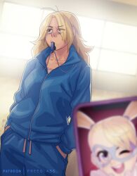 Rule 34 | 1girl, absurdres, aged up, backlighting, before and after, blonde hair, blue eyes, blue mask, blue track suit, blurry, blurry foreground, cellphone, collarbone, commentary, english commentary, freeglass, gym uniform, highres, mouth hold, one eye closed, patreon username, phone, photo comparison, rainbow mika, round teeth, smartphone, street fighter, teeth, twintails, upper teeth only, whistle, zipper