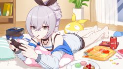 Rule 34 | 1girl, :o, bare shoulders, barefoot, book, bookshelf, bronya zaychik, can, chips (food), cola, controller, curtains, drill hair, drink can, food, fruit, full body, grey eyes, grey hair, hair between eyes, hair ribbon, highres, holding, holding controller, homu (honkai impact), honkai (series), honkai impact 3rd, in mouth, indoors, jacket, long sleeves, lying, macaron, on stomach, open mouth, pillow, plant, plate, playing games, pocky, ribbon, slippers, soda can, solo, strawberry, surprised, sweets, third-party source, vase, white jacket, window