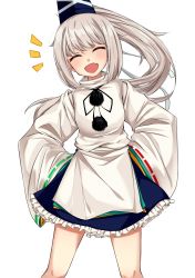 Rule 34 | 1girl, :d, ^ ^, black ribbon, blouse, blue hat, blue skirt, blush, closed eyes, commentary request, facing viewer, fang, feet out of frame, hands on own hips, hat, highres, long hair, long sleeves, miniskirt, momendoufu, mononobe no futo, neck ribbon, open mouth, petticoat, pom pom (clothes), ponytail, ribbon, ribbon-trimmed sleeves, ribbon trim, shirt, silver hair, simple background, skin fang, skirt, smile, solo, standing, tate eboshi, thighs, touhou, white background, white ribbon, white shirt, wide sleeves