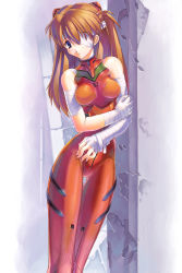 Rule 34 | 1girl, bandaged hand, bandages, bare shoulders, blue eyes, blush, breasts, breasts apart, cowboy shot, eyepatch, hair between eyes, halterneck, hand on own hip, highres, leaning to the side, legs together, long hair, narrow waist, neon genesis evangelion, orange hair, parted bangs, plugsuit, purple eyes, skin tight, solo, souryuu asuka langley, standing, twintails, two side up, uchiu kazuma