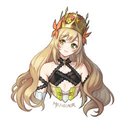 Rule 34 | 1girl, artist name, bare shoulders, blonde hair, blush, celine (fire emblem), commentary, cropped torso, crown, fire emblem, fire emblem engage, flat chest, green eyes, head tilt, long hair, looking at viewer, meziosaur, nintendo, pink lips, signature, simple background, sleeveless, smile, solo, upper body, very long hair, white background