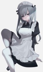 Rule 34 | 1girl, apron, black dress, black footwear, closed mouth, dress, fingernails, grey eyes, grey hair, grey nails, head tilt, highres, invisible chair, juliet sleeves, long sleeves, looking at viewer, maid, maid apron, maid headdress, migihidari (puwako), nail polish, original, puffy sleeves, shoes, simple background, sitting, solo, thighhighs, two side up, white apron, white background, white thighhighs