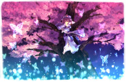Rule 34 | 1girl, barefoot, bug, butterfly, cherry blossoms, female focus, hat, in tree, bug, japanese clothes, pink hair, red eyes, saigyouji yuyuko, short hair, sitting, sitting in tree, solo, sunakumo, touhou, tree