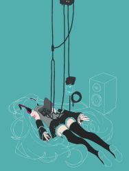 Rule 34 | 1girl, android, aqua hair, bare shoulders, black skirt, black sleeves, black thighhighs, boots, cable, commentary, detached sleeves, digital media player, face down, grey shirt, hair ornament, hatsune miku, headphones, highres, long hair, lying, miniko 0325, miniskirt, on stomach, partially colored, pleated skirt, shirt, shoe soles, shoulder tattoo, skirt, sleeveless, sleeveless shirt, solo, speaker, tattoo, thigh boots, thighhighs, twintails, very long hair, vocaloid, zettai ryouiki