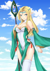 Rule 34 | 1girl, bad id, bad pixiv id, bare shoulders, blonde hair, blue eyes, breasts, cleavage, closed mouth, cloud, elf, highres, holding, holding staff, long hair, looking at viewer, matrix16, original, pointy ears, solo, staff, standing, thighhighs, thighs, tiara, white thighhighs
