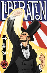 Rule 34 | 1boy, abraham lincoln, american flag, beard, bow, bowtie, buttons, capcom, clenched hands, daniella mccole, dress shirt, eyebrows, facial hair, hat, highres, long coat, male focus, shirt, shouryuuken, solo, street fighter, thick eyebrows, top hat, united states, upper body, uppercut