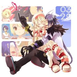 Rule 34 | 00s, 1boy, 1girl, alice (tales), black gloves, blonde hair, boots, closed eyes, coat, couple, decus (tales), embarrassed, full body, gloves, happy, hetero, holding hands, hyakuhachi (over3), knee boots, long hair, pants, pinky out, ponytail, purple hair, shoes, short hair, sitting, sitting on lap, sitting on person, sky, tales of (series), tales of symphonia, tales of symphonia: dawn of the new world, veil