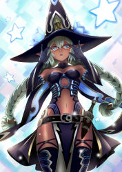 Rule 34 | 10s, belt, blade, blue eyes, braid, breasts, cardfight!! vanguard, cleavage, dark skin, glasses, gloves, hat, long hair, looking at viewer, moonlight witch vaha, pointy ears, shadow paladin, star (symbol), thighhighs, twintails, weapon, white hair, witch hat