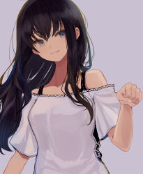 Rule 34 | 1girl, bare shoulders, black hair, breasts, clenched hand, collarbone, grey background, grey eyes, hair between eyes, hand up, highres, hinomaru (futagun), long hair, looking at viewer, medium breasts, off-shoulder shirt, off shoulder, original, parted lips, shirt, short sleeves, simple background, smile, solo, upper body, very long hair, white shirt