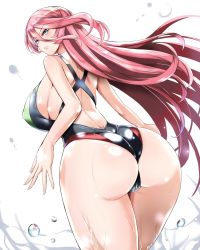 Rule 34 | 1girl, ass, blue eyes, blush, breasts, cameltoe, competition swimsuit, dimples of venus, fingernails, hair between eyes, highres, huge breasts, kumakichi (cost-lost), large breasts, long hair, looking at viewer, one-piece swimsuit, original, parted lips, pink hair, sideboob, simple background, solo, swimsuit, thighs, water, water drop, wet, white background