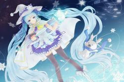 Rule 34 | 1girl, black thighhighs, blue eyes, blue hair, blue skirt, boots, cape, dutch angle, eisa, hat, hatsune miku, highres, long hair, matching hair/eyes, musical note, quaver, rabbit, skirt, snowflakes, solo, staff, staff (music), thighhighs, treble clef, twintails, very long hair, vocaloid, white cape, white footwear, white hat, witch hat, yuki miku, yukine (vocaloid)