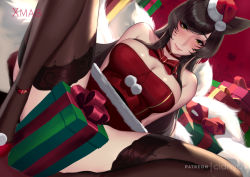 Rule 34 | 1girl, absurdres, ahri (league of legends), animal ears, black thighhighs, blush, breasts, breasts apart, brown hair, choker, christmas, cian yo, cleavage, convenient censoring, dress, fox ears, fur, gift, halterneck, hat, highres, league of legends, santa dress, santa hat, smile, spread legs, thighhighs, thong, yellow eyes