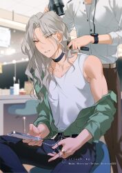 Rule 34 | 2boys, belt, blurry, blurry background, brown pants, buttons, choker, collarbone, ensemble stars!, grey hair, hair brush, hair dryer, highres, holding, holding hair brush, holding hair dryer, holding phone, jacket, jacket partially removed, jewelry, long hair, long sleeves, male focus, multiple boys, open mouth, orange eyes, pants, partially unbuttoned, phone, ran nagisa, ring, rrr (reason), shirt, sitting, sleeveless, solo focus, wavy hair, white shirt