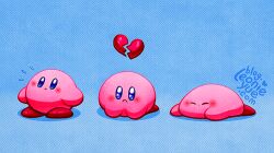 Rule 34 | artist name, blue background, blue eyes, broken heart, closed mouth, commentary request, frown, heart, kirby, kirby&#039;s dream land, kirby (series), leonieyue, lying, nintendo, no humans, on stomach, sad, simple background, standing
