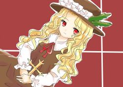 Rule 34 | 1girl, artist request, brown dress, brown hat, collared shirt, cross, dress, extra, frilled hat, frills, hat, hat feather, highres, holding, holding cross, jacket girl (dipp), long hair, long shirt, one-hour drawing challenge, red background, red eyes, red neckwear, red ribbon, ribbon, shirt, solo, touhou, wavy hair, white shirt