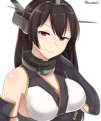 Rule 34 | 1girl, absurdres, bare shoulders, black gloves, black hair, blush, breasts, collar, elbow gloves, gloves, hand on own neck, hand up, headgear, highres, kantai collection, kiritto, large breasts, long hair, looking at viewer, nagato (kancolle), red eyes, seductive smile, simple background, sleeveless, smile, solo, straight hair, twitter username, underbust, white background