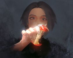 Rule 34 | 1girl, apple, apple core, black eyes, black hair, cheondo, covered mouth, earrings, final fantasy, final fantasy xiv, food, fruit, grey background, hand up, highres, holding, holding food, holding fruit, jewelry, looking at viewer, portrait, reverse trap, short hair, simple background, solo, wide-eyed, zero (ff14)