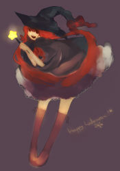 Rule 34 | 10s, 1girl, 2010, bad id, bad pixiv id, dress, frilled skirt, frills, grey background, halloween, happy halloween, hat, hat ribbon, kneehighs, long hair, neck ribbon, oomsz, original, red eyes, red hair, ribbon, skirt, smile, socks, solo, star (symbol), twintails, very long hair, wand, witch, witch hat
