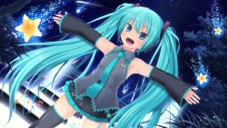Rule 34 | amamiya minato, armpits, bad id, bad pixiv id, detached sleeves, dutch angle, green eyes, green hair, hatsune miku, headphones, headset, long hair, microphone, musical note, necktie, outstretched arms, solo, spread arms, stairs, star (symbol), twintails, vocaloid