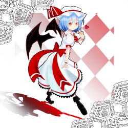 Rule 34 | 1girl, bad id, bad pixiv id, bat wings, blue hair, boots, bow, checkered background, daikon oroshi (saborima), dress, female focus, frills, hat, hat ribbon, heart, looking back, pointing, red eyes, remilia scarlet, ribbon, sab0rima, shadow, short hair, smile, solo, touhou, wings, wrist cuffs