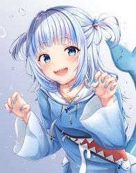 Rule 34 | 1girl, :d, animal hood, blue eyes, blue hair, blue hoodie, blunt bangs, blush, claw pose, collarbone, commentary, fins, fish tail, gawr gura, gawr gura (1st costume), hair ornament, hands up, highres, hololive, hololive english, hood, hood down, hoodie, long hair, long sleeves, looking at viewer, multicolored hair, open mouth, regi (r regi), shark girl, shark hood, shark tail, sharp teeth, silver hair, smile, solo, streaked hair, tail, teeth, two side up, underwater, virtual youtuber