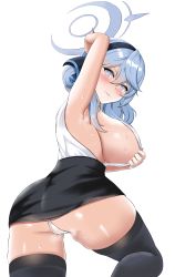 Rule 34 | 1girl, ako (blue archive), arm up, armpits, ass, bare arms, bare shoulders, black skirt, black thighhighs, blue archive, blue hair, blush, breasts, commentary request, from behind, hairband, halo, highres, large breasts, looking at viewer, looking back, panties, parted lips, sideboob, simple background, skirt, solo, thighhighs, thighs, tomohiro (duo), underwear, white background, white panties