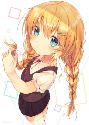 Rule 34 | 1girl, absurdres, black skirt, blonde hair, blue eyes, blush, braid, brown vest, closed mouth, collared shirt, commentary request, hair between eyes, hair ornament, hair ribbon, hairclip, highres, holding, holding own hair, kirisame marisa, long hair, looking at viewer, low twintails, neck ribbon, nenobi (nenorium), pleated skirt, puffy short sleeves, puffy sleeves, red ribbon, ribbon, shirt, short sleeves, skirt, solo, thighhighs, touhou, twin braids, twintails, twitter username, very long hair, vest, white background, white ribbon, white shirt, white thighhighs