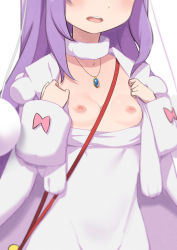 Rule 34 | 1girl, anastasia hoshin, breasts, dress, hands up, head out of frame, highres, jewelry, long hair, long sleeves, morisobo, necklace, nipples, no bra, open clothes, open mouth, purple hair, re:zero kara hajimeru isekai seikatsu, scarf, simple background, small breasts, solo, white dress