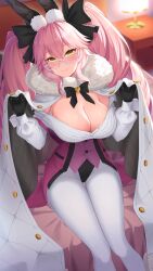 Rule 34 | 1girl, animal ear fluff, animal ears, black bow, black gloves, blush, bow, breasts, cleavage, coattails, collared shirt, corset, dress shirt, fate/grand order, fate (series), glasses, gloves, hair between eyes, hair bow, highres, huangyouxingren, koyanskaya (assassin) (second ascension) (fate), koyanskaya (fate), large breasts, long hair, long sleeves, looking at viewer, off shoulder, open clothes, open shirt, pantyhose, pink hair, rabbit ears, shirt, sidelocks, smile, solo, tamamo (fate), thighs, twintails, underbust, white pantyhose, white shirt, yellow eyes