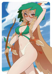 Rule 34 | 1girl, arm behind back, arm up, armpits, beach, bikini, blonde hair, blue background, blue sky, blush, border, bow (weapon), braid, breasts, brown cape, brown eyes, brown gloves, cape, cleavage, closed mouth, cloud, commission, cowboy shot, creatures (company), day, decidueye, feathers, female focus, fingerless gloves, frilled bikini, frills, game freak, gen 7 pokemon, glasses, gloves, green bikini, hair ornament, happy, hat feather, highleg, highleg bikini, highres, holding, holding bow (weapon), holding weapon, hood, hood up, hooded cape, humanization, jdpr, light blush, long hair, looking at viewer, medium breasts, navel, nintendo, orange-framed eyewear, outdoors, outside border, pokemon, round eyewear, semi-rimless eyewear, sidelocks, skindentation, sky, smile, solo, split mouth, standing, stomach, swimsuit, thighs, twin braids, twintails, two-tone bikini, weapon, white bikini, white border, white feathers