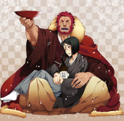 Rule 34 | 2boys, age difference, beard, drunk, facial hair, fate/stay night, fate/zero, fate (series), green eyes, green hair, iskandar (fate), japanese clothes, kimono, male focus, multiple boys, new year, red eyes, red hair, size difference, waver velvet, yun (neo)