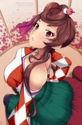 Rule 34 | 10s, ass, bare shoulders, breasts, brown hair, from above, hair ornament, japanese clothes, kimono, kimono skirt, large breasts, lindaroze, makeup, mascara, off shoulder, pantyhose, red eyes, screen, side ponytail, sitting, solo, watermark, web address, yuugiri (zombie land saga), zombie land saga