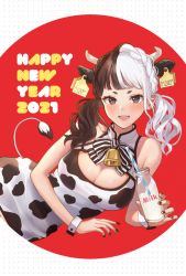 Rule 34 | 1girl, 2021, :d, animal ears, animal print, bare shoulders, bell, black hair, blush, bottle, bow, breasts, chinese zodiac, cleavage, commentary request, cow ears, cow girl, cow horns, cow print, cow tail, dress, drinking straw, ear tag, grey eyes, happy new year, holding, holding bottle, horns, kurono kito, large breasts, long hair, low twintails, lying, making-of available, milk, milk bottle, mole, mole under eye, multicolored hair, new year, on side, open mouth, original, print dress, sleeveless, sleeveless dress, smile, solo, split-color hair, striped, striped bow, tail, teeth, twintails, two-tone hair, upper teeth only, white dress, white hair, wrist cuffs, year of the ox