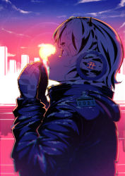 Rule 34 | 1girl, 2021, animal print, chinese zodiac, coat, cold, cow print, gloves, hands up, headphones, hood, hood down, kyousin, long sleeves, looking to the side, original, outdoors, profile, short hair, skyline, snow, solo, sun, sunrise, upper body, water, winter clothes, year of the ox