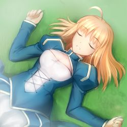 Rule 34 | 1girl, ahoge, artoria pendragon (fate), blonde hair, breasts, cleavage, dress, closed eyes, fate/stay night, fate (series), lying, open mouth, saber (fate), short hair, sleeping