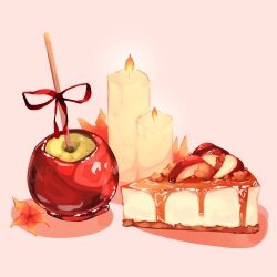 apple apple_slice autumn_leaves cake cake_slice candle candy_apple caramel cheesecake commentary english_commentary fire food food_focus fruit green_apple highres leaf mumechi no_humans original red_ribbon ribbon shiny_food simple_background white_background