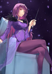 Rule 34 | 1girl, breasts, cleavage, crossed legs, dress, fate/grand order, fate (series), feather trim, hair between eyes, headpiece, highres, holding, holding wand, kaer sasi dianxia, looking at viewer, looking down, pantyhose, petals, purple dress, purple hair, red eyes, scathach (fate), scathach skadi (fate), solo, thighs, throne, tiara, wand