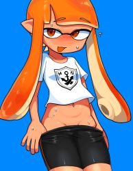 Rule 34 | 1girl, :d, anchor symbol, bare arms, bike shorts, blue background, blunt bangs, blush, clothes pull, collarbone, commentary, crop top, groin, highres, inkling, inkling girl, inkling player character, lakilolom, long hair, looking at viewer, navel, nintendo, nose blush, open mouth, orange eyes, orange hair, shirt, short sleeves, shorts, shorts pull, smile, solo, splatoon (series), splatoon 1, suction cups, sweat, t-shirt, tentacle hair, white shirt
